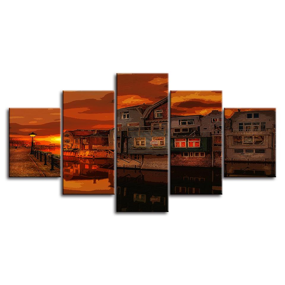 An Orange Evening In Town Collection 5 Piece HD Multi Panel Canvas Wall Art Frame - Original Frame