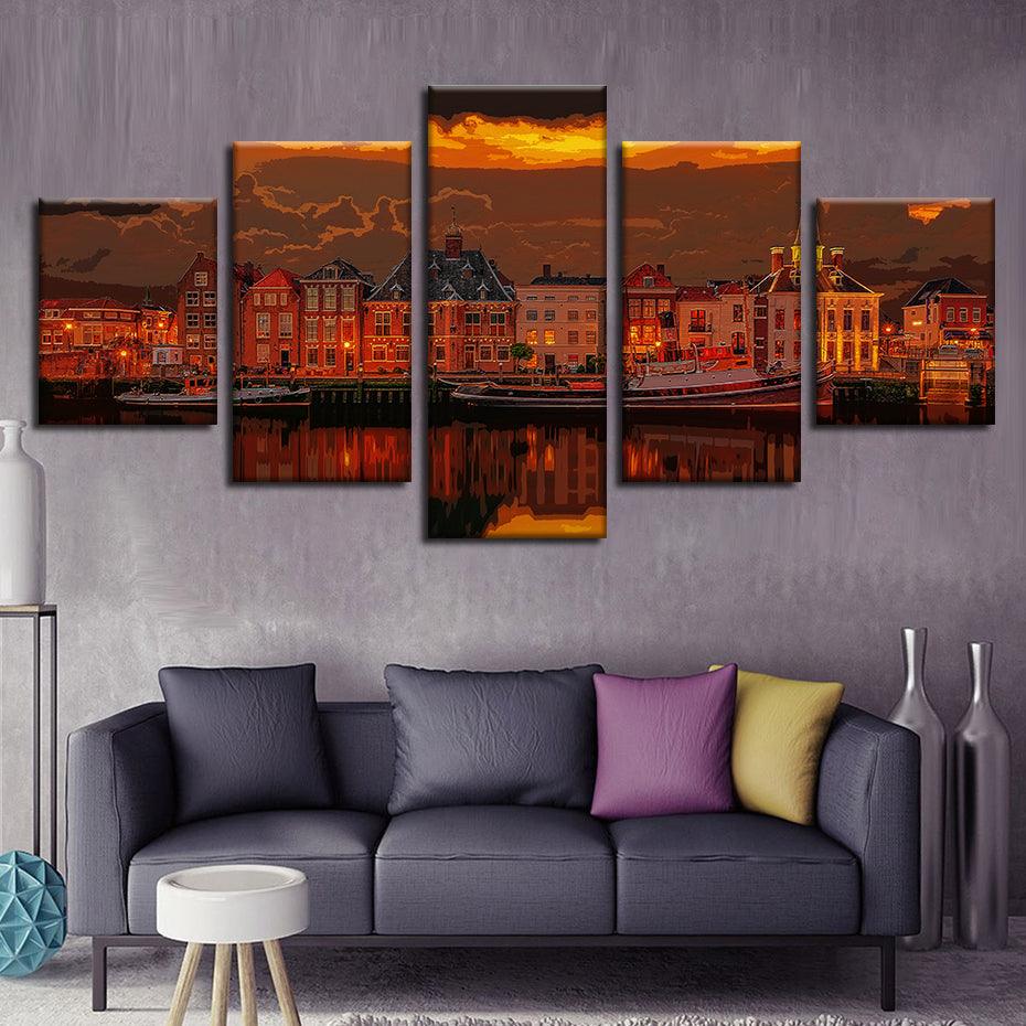Netherlands Port 5 Piece HD Multi Panel Canvas Wall Art Frame - Original Frame