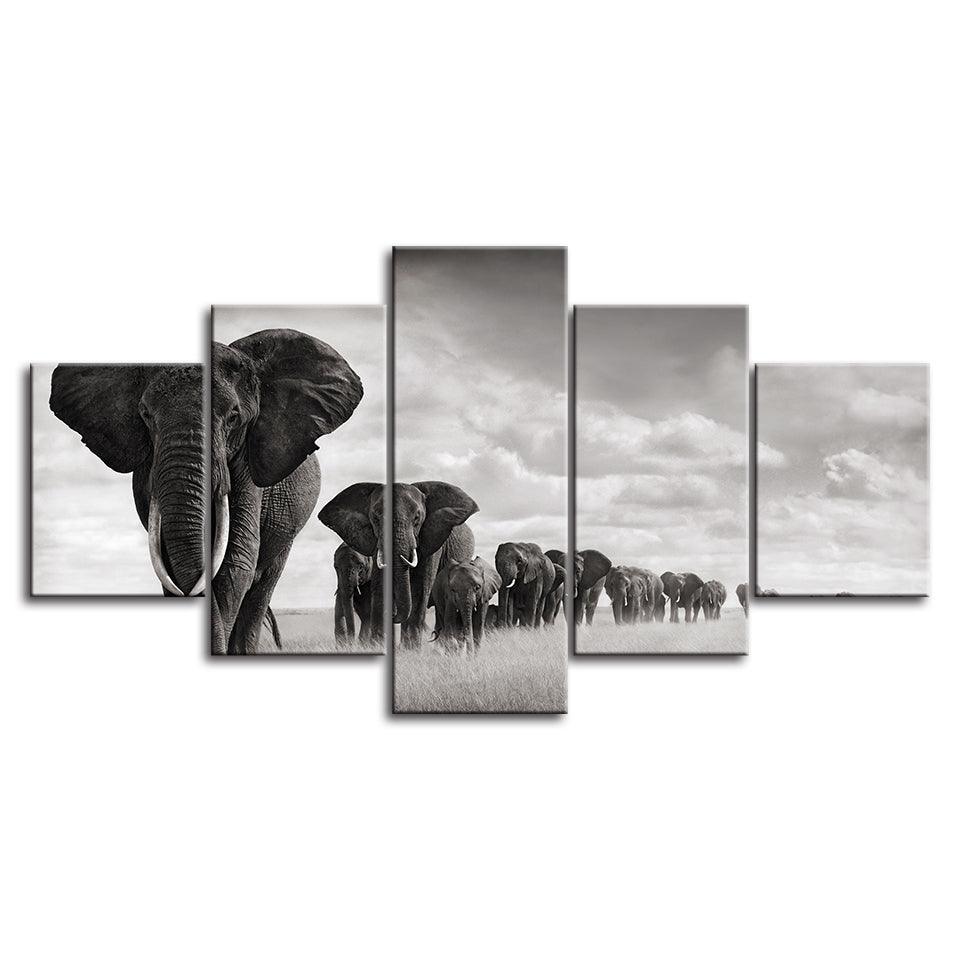 Elephants 5 Piece HD Multi Panel Canvas Wall Art Frame - Original Frame