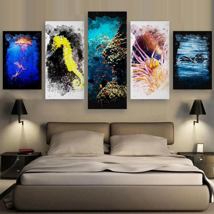 Sea Creatures 5 Piece HD Multi Panel Canvas Wall Art Frame - Original Frame