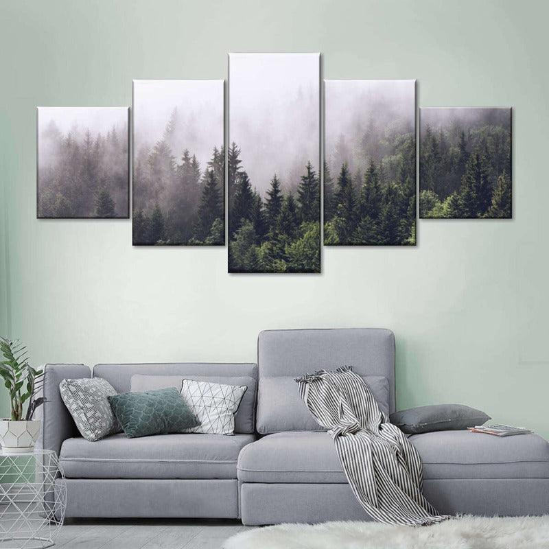 5 Pieces Nordic Hazy Pine Forest Wall Art Canvas Painting - Original Frame