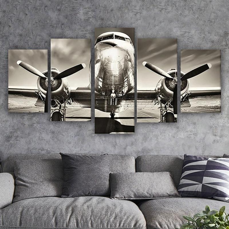 5 Pieces Vintage Airplane Wall Art Canvas Painting - Original Frame