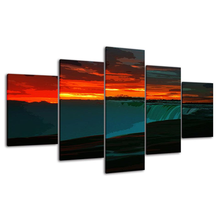 An Orange Sunrise At The Waterfall 5 Piece HD Multi Panel Canvas Wall Art Frame - Original Frame