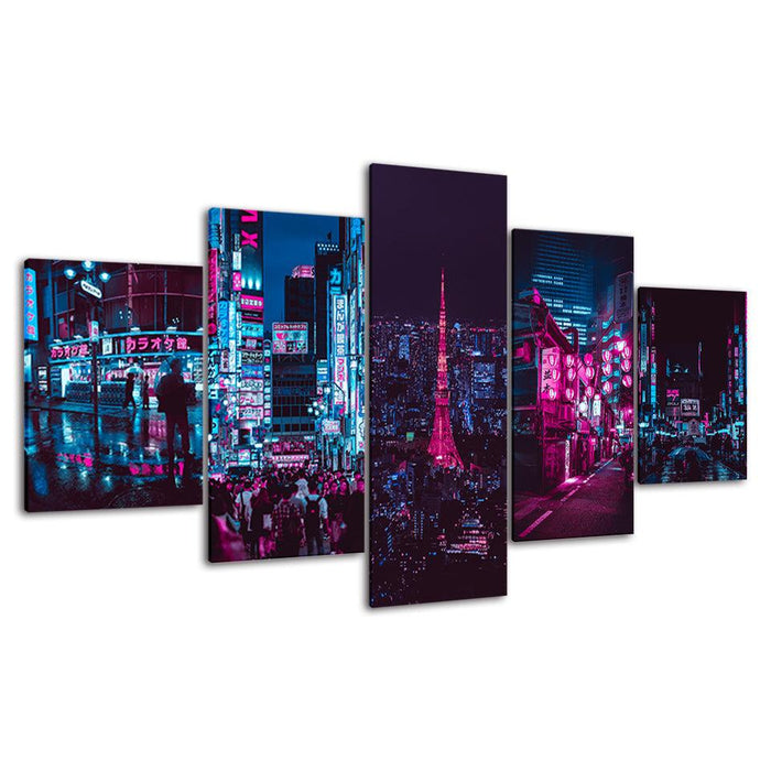 The Neon City Light 5 Piece HD Multi Panel Canvas Wall Art Frame - Original Frame