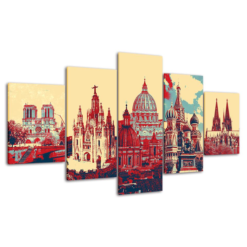 Blue And Red Landscapes Collection 5 Piece HD Multi Panel Canvas Wall Art Frame - Original Frame