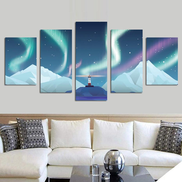 Aurora Lighthouse 5 Piece HD Multi Panel Canvas Wall Art Frame - Original Frame