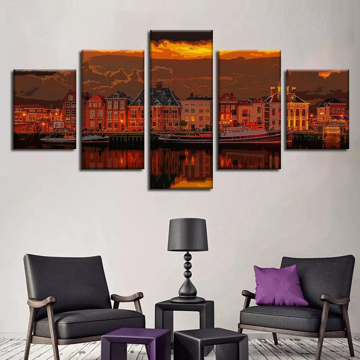 Netherlands Port 5 Piece HD Multi Panel Canvas Wall Art Frame - Original Frame