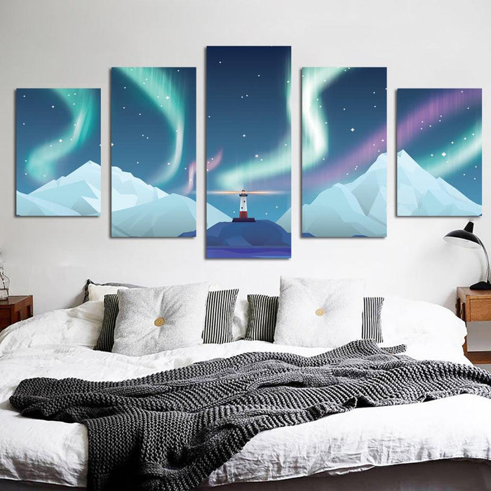 Aurora Lighthouse 5 Piece HD Multi Panel Canvas Wall Art Frame - Original Frame