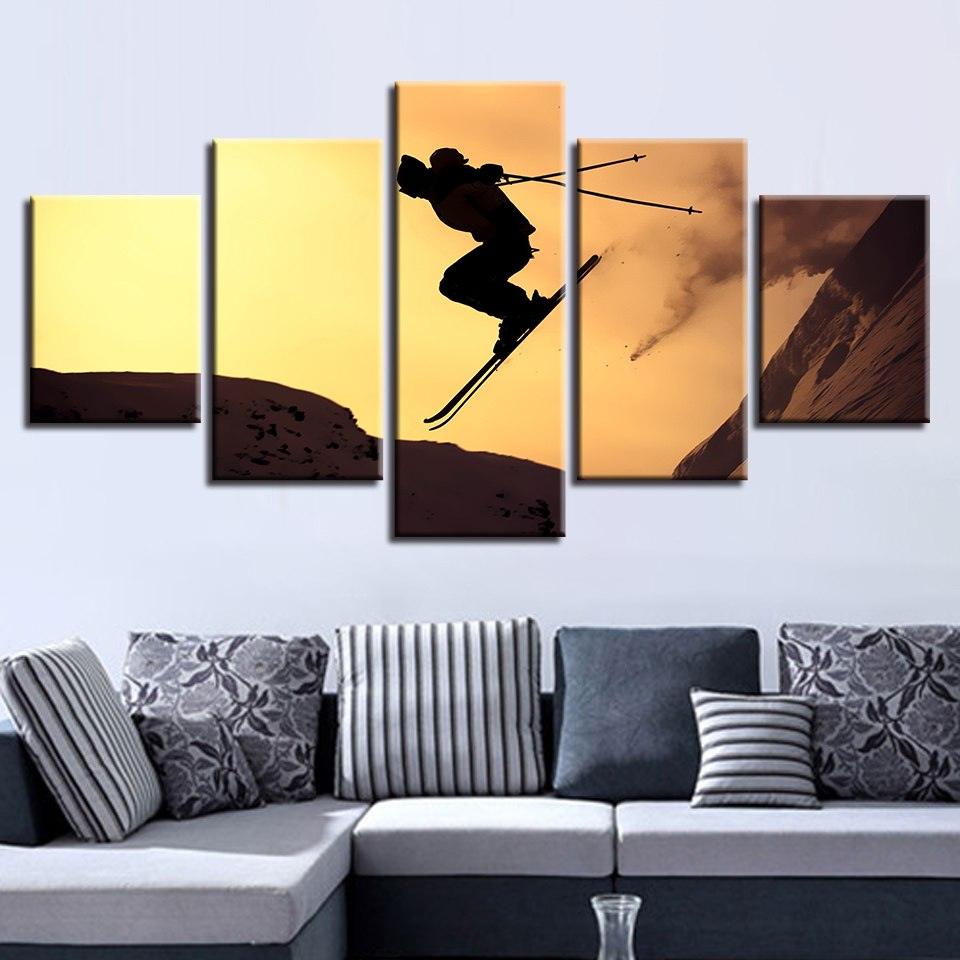 Sunset Skiing 5 Piece HD Multi Panel Canvas Wall Art Frame - Original Frame