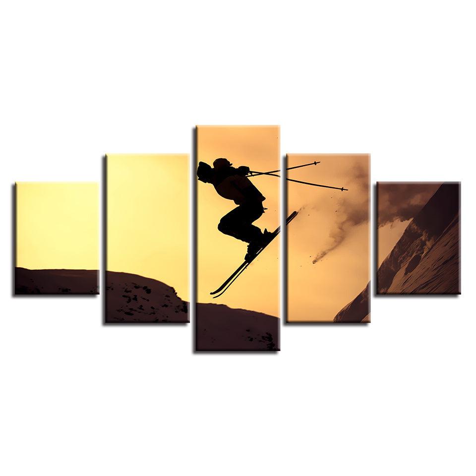 Sunset Skiing 5 Piece HD Multi Panel Canvas Wall Art Frame - Original Frame