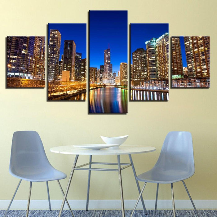 City Building Nightscape 5 Piece HD Multi Panel Canvas Wall Art Frame
