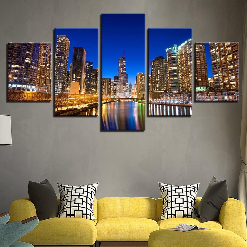 City Building Nightscape 5 Piece HD Multi Panel Canvas Wall Art Frame - Original Frame