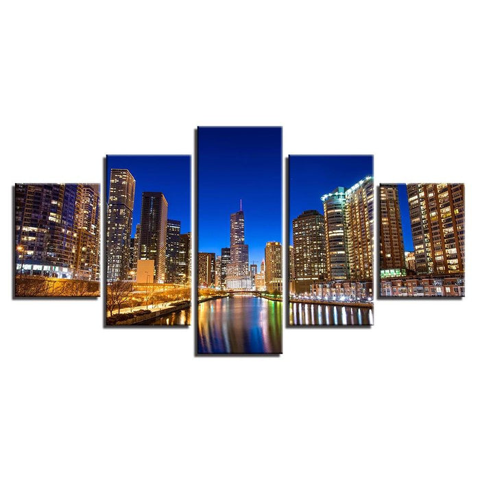 City Building Nightscape 5 Piece HD Multi Panel Canvas Wall Art Frame