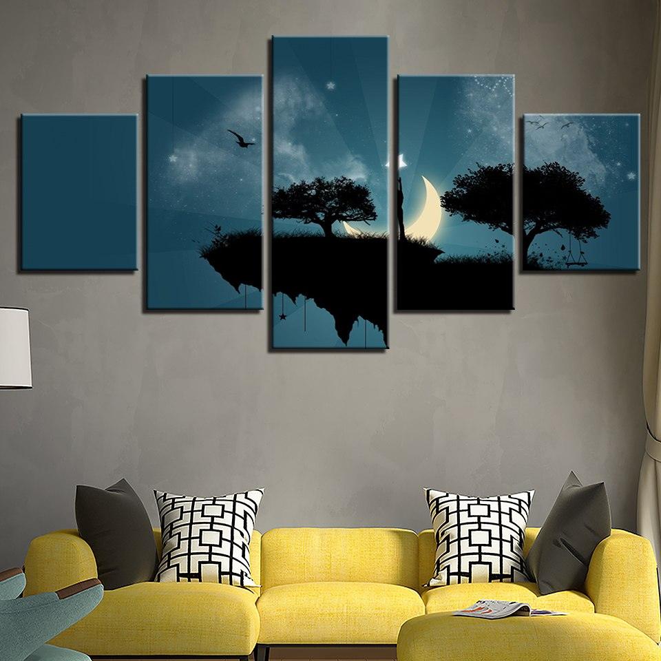 Moon Star Steep Cliff Trees 5 Piece HD Multi Panel Canvas Wall Art Frame - Original Frame