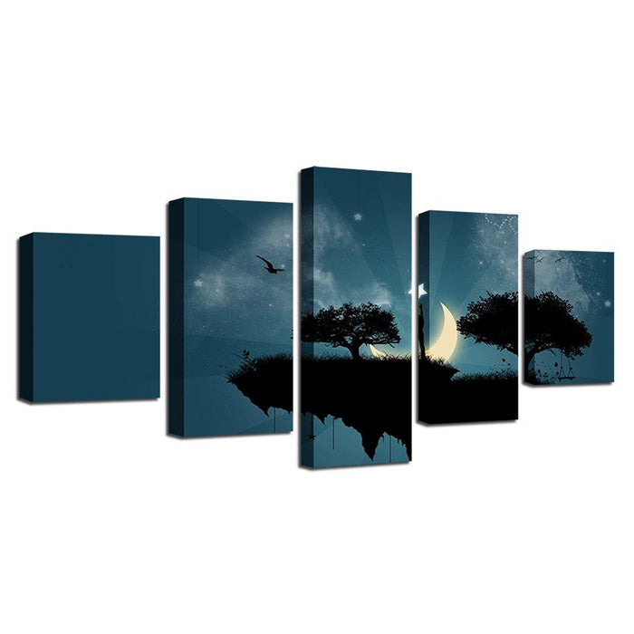 Moon Star Steep Cliff Trees 5 Piece HD Multi Panel Canvas Wall Art Frame - Original Frame