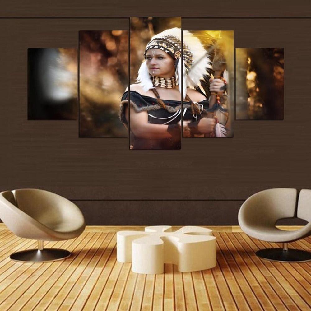 Indian Headdress 5 Piece HD Multi Panel Canvas Classic Wall Art Frame - Original Frame