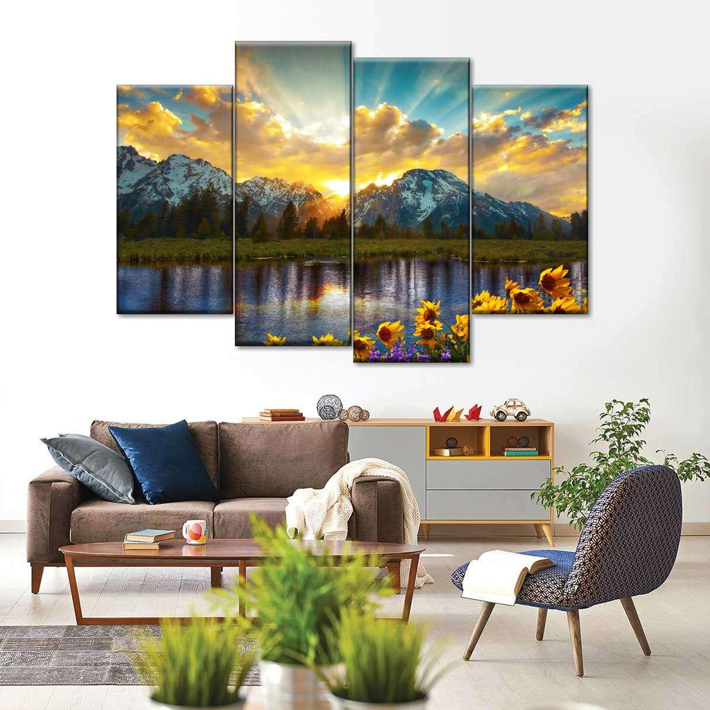 Lake & Mountains 4 Panel Canvas Painting HD Wall Art - Original Frame