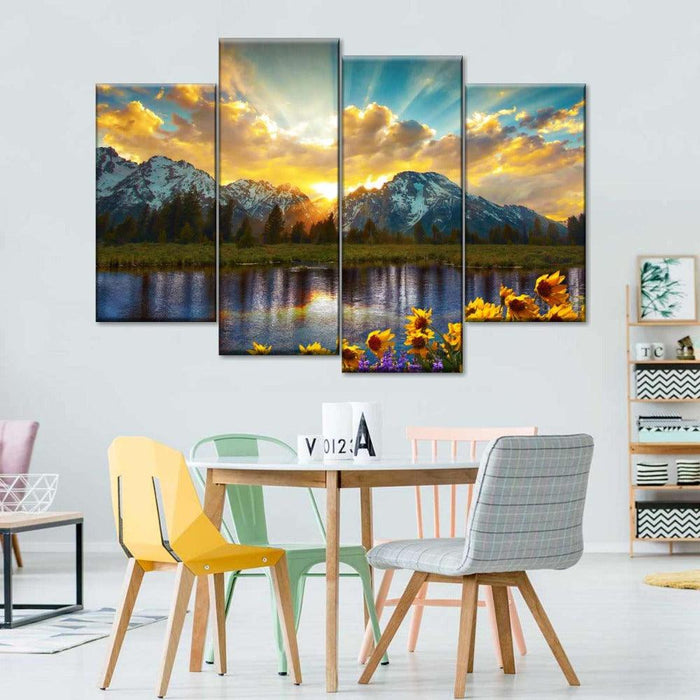 Grand Tetons with Reflection In Lake 4 Panels Canvas Painting - Original Frame