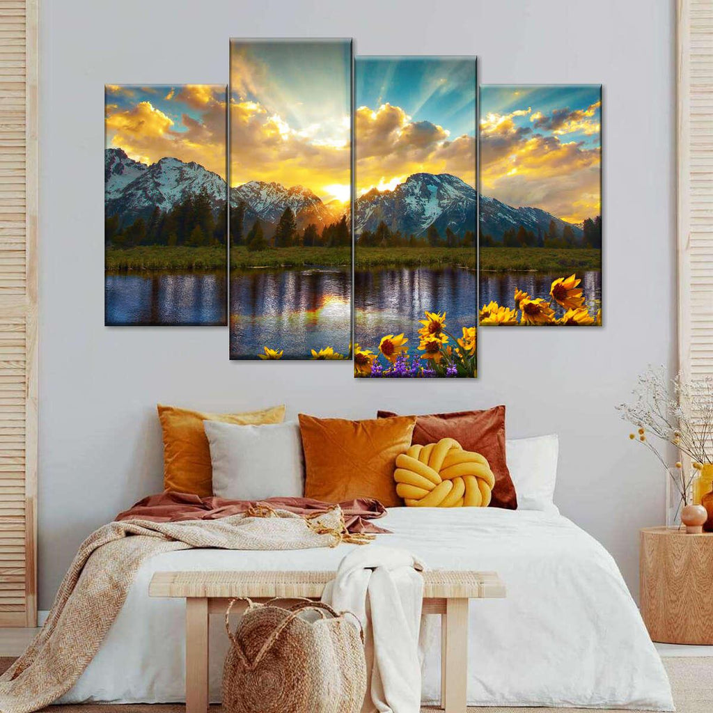 Lake & Mountains 4 Panel Canvas Painting HD Wall Art - Original Frame