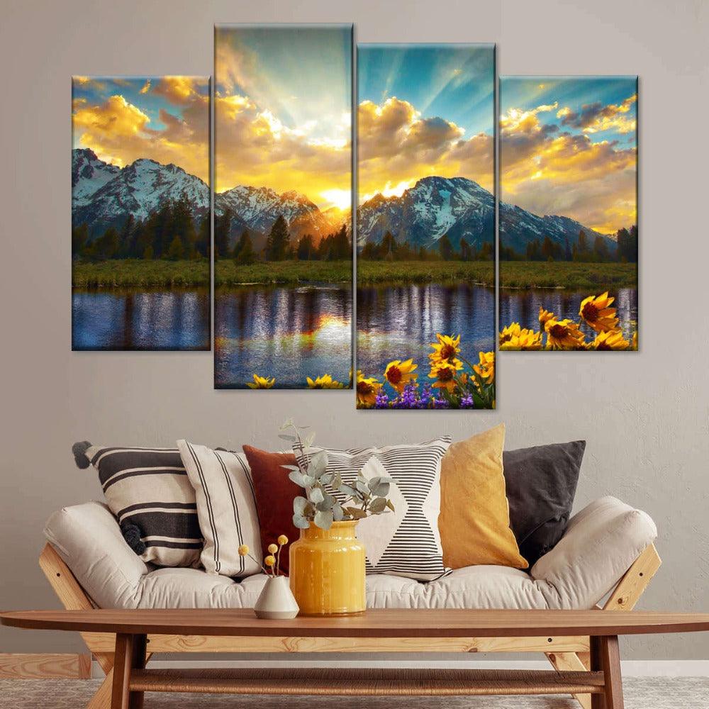 Grand Tetons with Reflection In Lake 4 Panels Canvas Painting - Original Frame