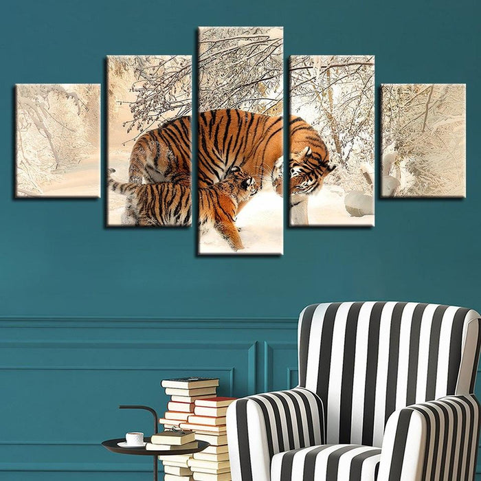 Winter Snow Tigers 5 Piece HD Multi Panel Canvas Wall Art Frame - Original Frame