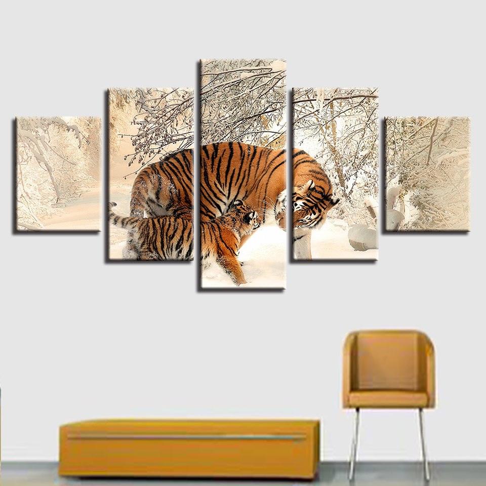 Winter Snow Tigers 5 Piece HD Multi Panel Canvas Wall Art Frame - Original Frame
