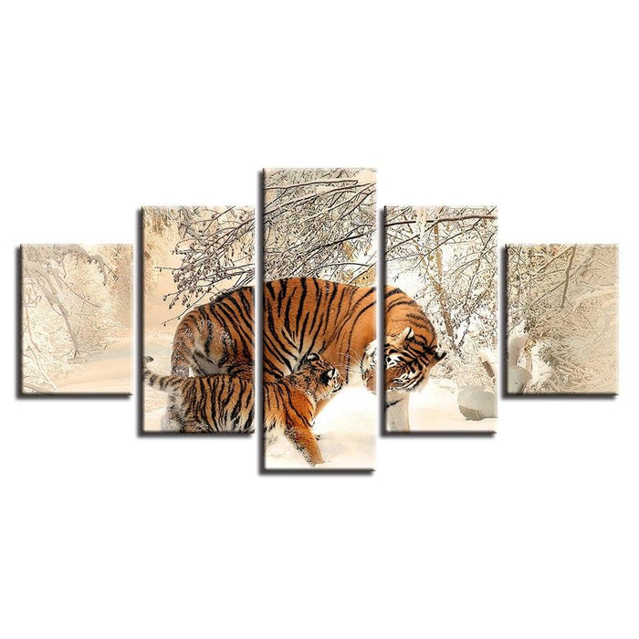 Winter Snow Tigers 5 Piece HD Multi Panel Canvas Wall Art Frame - Original Frame