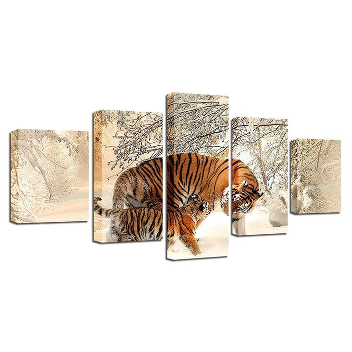 Winter Snow Tigers 5 Piece HD Multi Panel Canvas Wall Art Frame - Original Frame