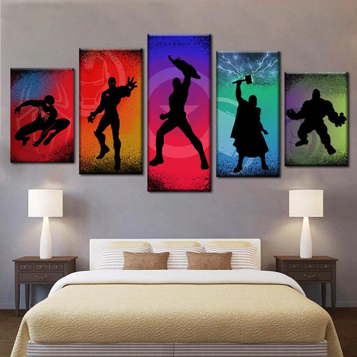 Marvel Superheroes Silhouettes 5 Piece HD Multi Panel Canvas Wall Art Frame - Original Frame