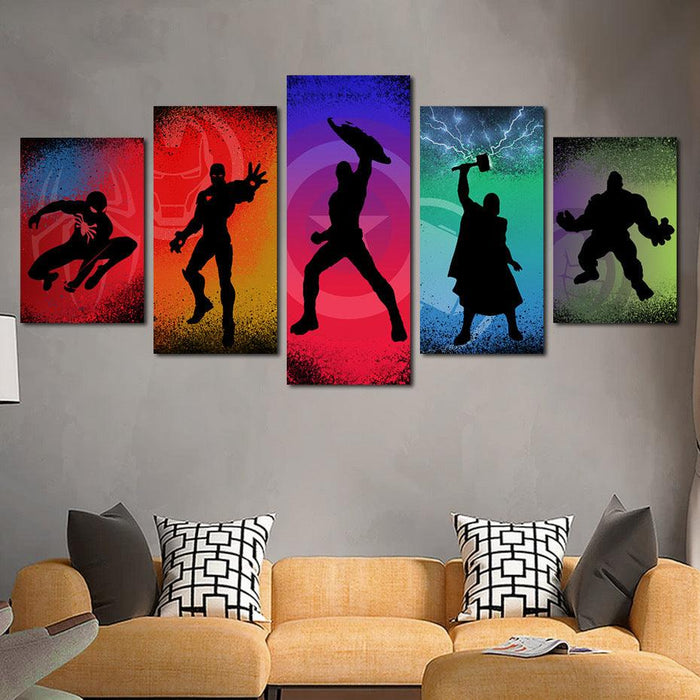 Marvel Superheroes Silhouettes 5 Piece HD Multi Panel Canvas Wall Art Frame - Original Frame