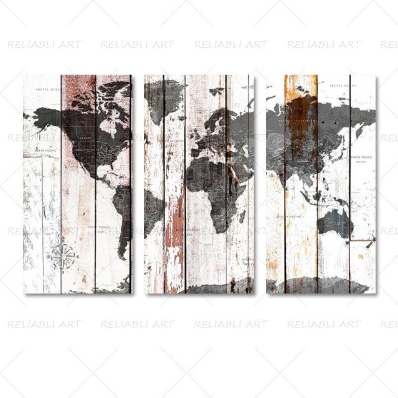 3 Panels World Map Canvas Paintings - Original Frame