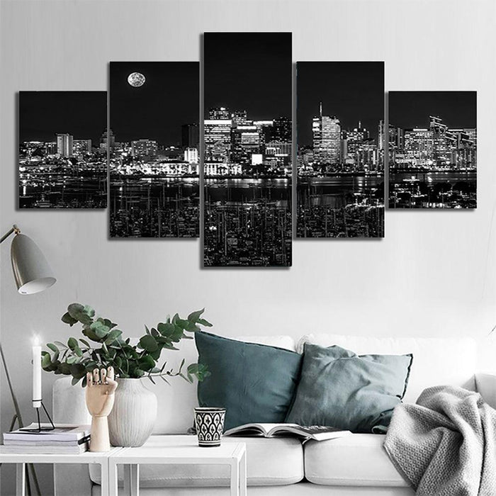 5 Pieces City Night Scene Landscape Canvas Painting - Original Frame