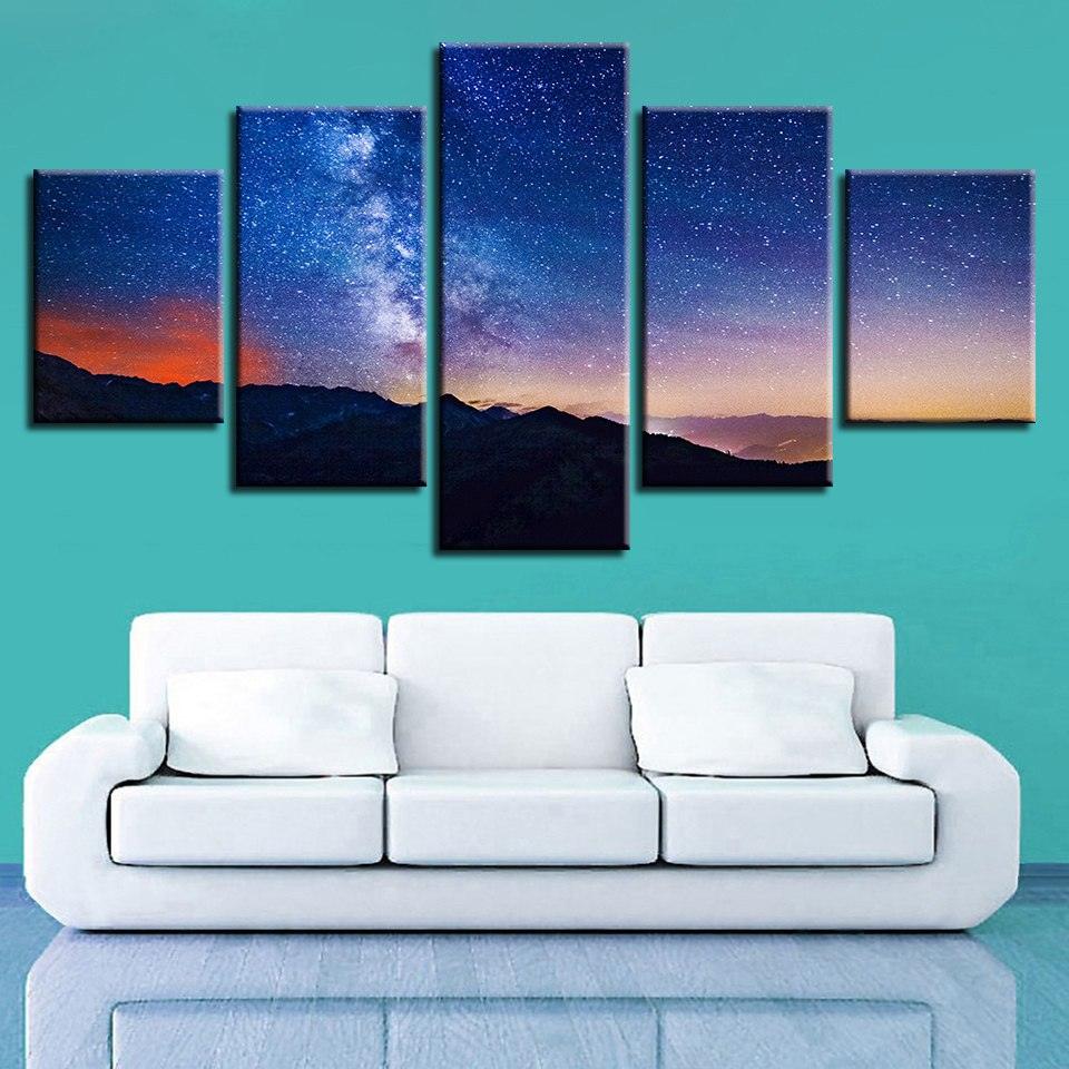 Milky Way Mountains 5 Piece HD Multi Panel Canvas Wall Art Frame - Original Frame