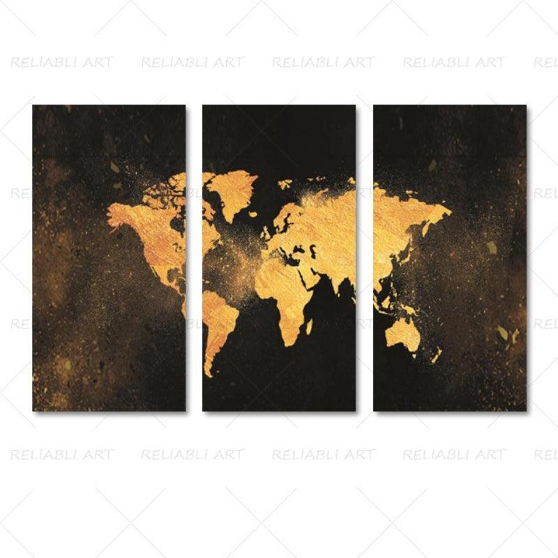 3 Panels World Map Canvas Paintings - Original Frame