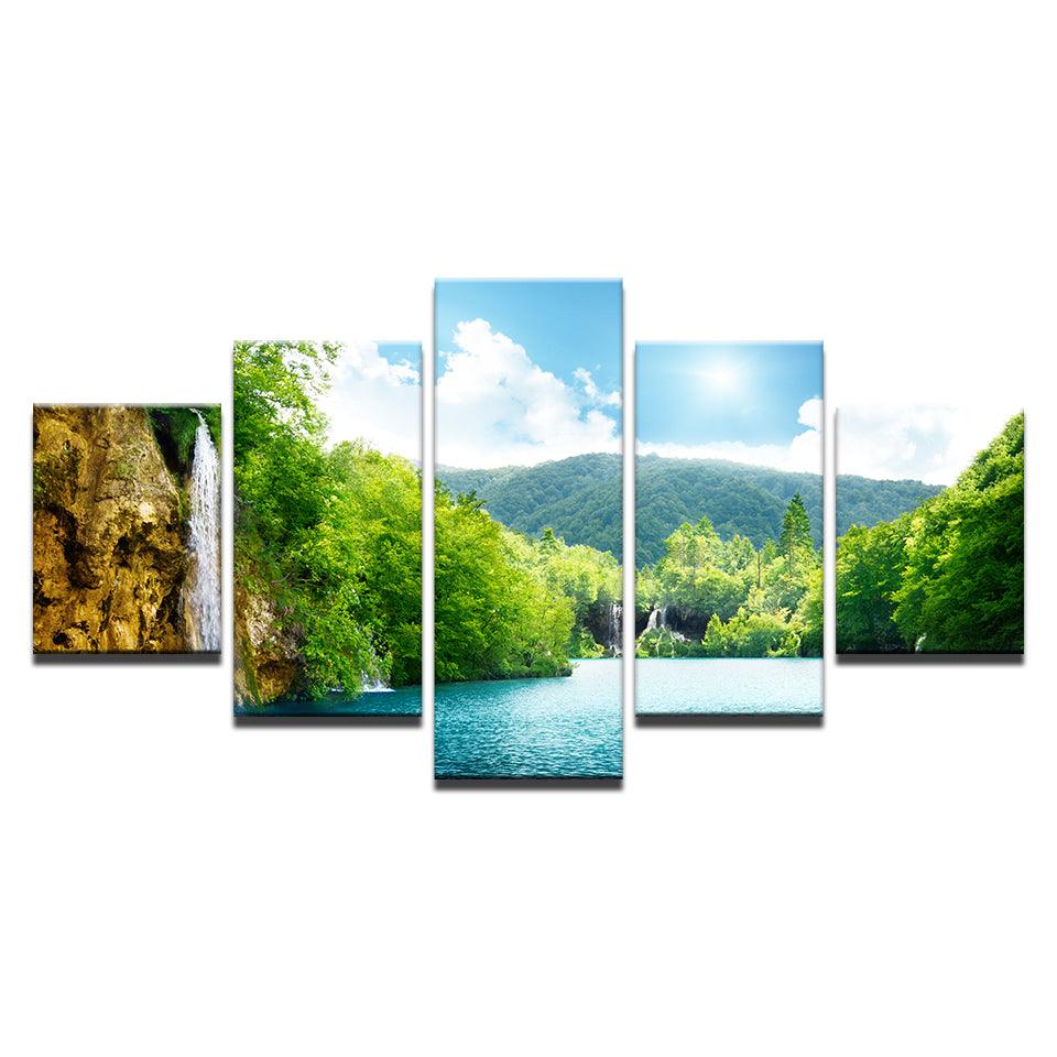Waterfall Mountain Nature Landscape 5 Piece HD Multi Panel Canvas Wall Art Frame - Original Frame