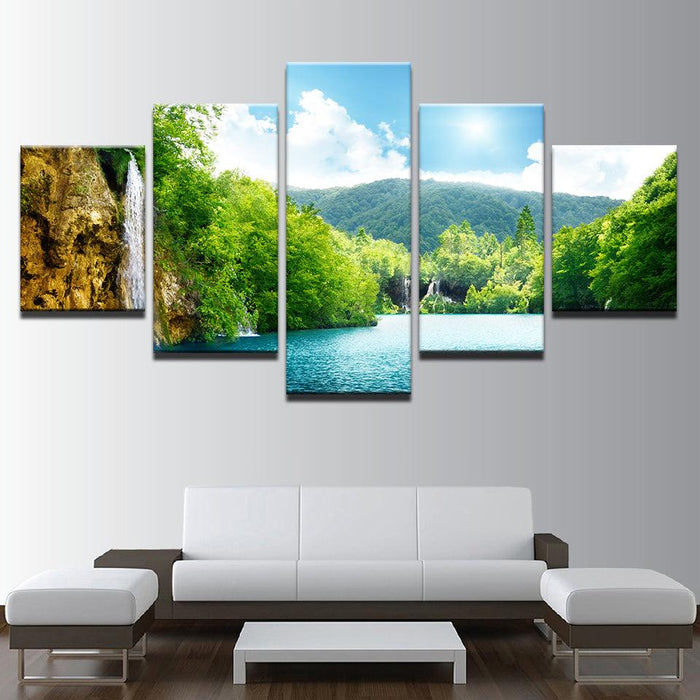 Waterfall Mountain Nature Landscape 5 Piece HD Multi Panel Canvas Wall Art Frame