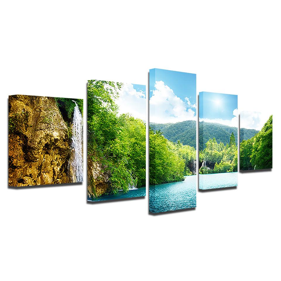 Waterfall Mountain Nature Landscape 5 Piece HD Multi Panel Canvas Wall Art Frame - Original Frame
