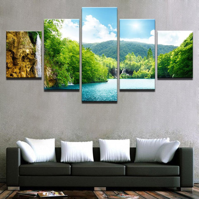 Waterfall Mountain Nature Landscape 5 Piece HD Multi Panel Canvas Wall Art Frame