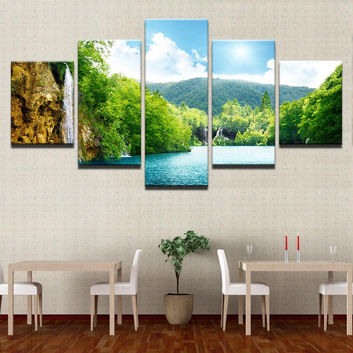 Waterfall Mountain Nature Landscape 5 Piece HD Multi Panel Canvas Wall Art Frame - Original Frame