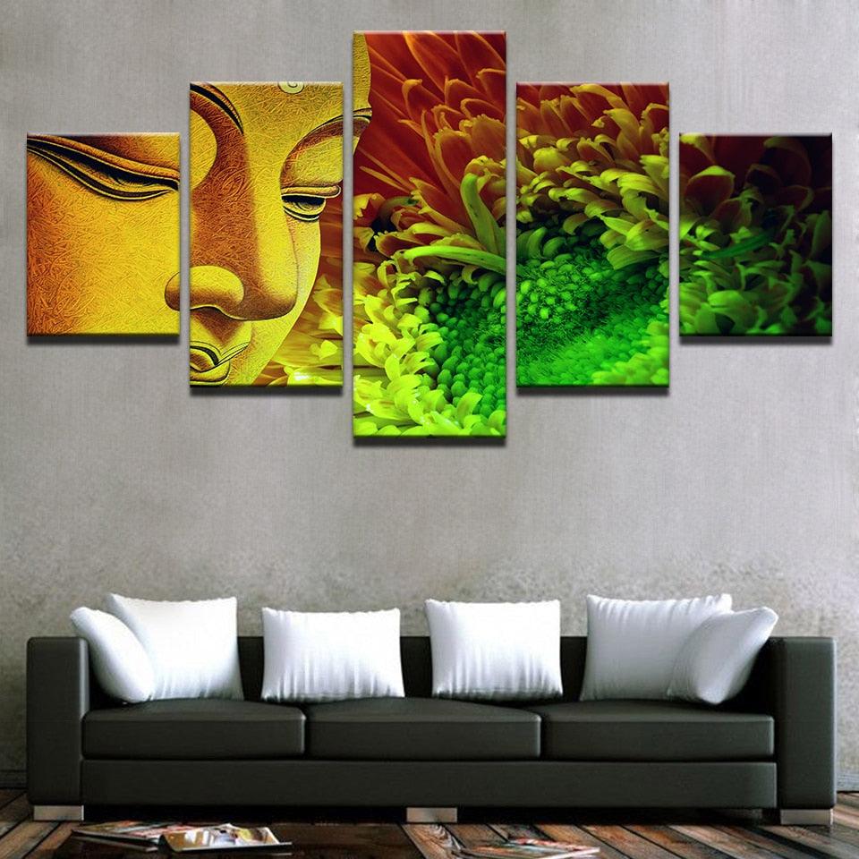 Buddha Statue And Flowers 5 Piece HD Multi Panel Canvas Wall Art Frame - Original Frame