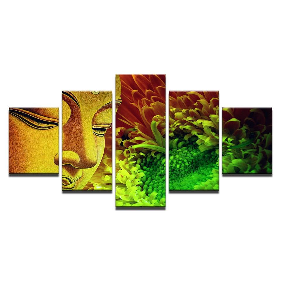 Buddha Statue And Flowers 5 Piece HD Multi Panel Canvas Wall Art Frame - Original Frame