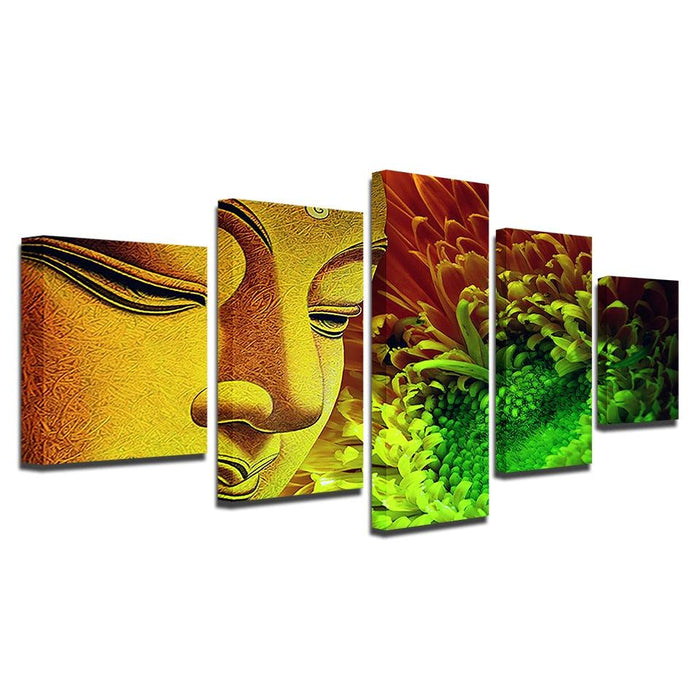 Buddha Statue And Flowers 5 Piece HD Multi Panel Canvas Wall Art Frame - Original Frame