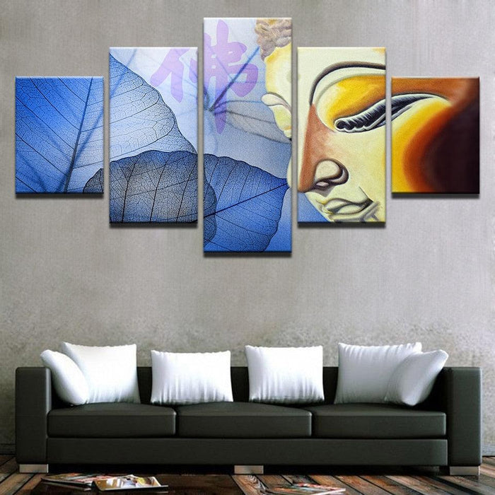 Buddha Face And Leaves 5 Piece HD Multi Panel Canvas Wall Art Frame
