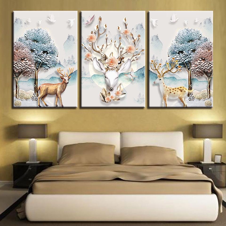 Deer Print 3 Piece HD Multi Panel Canvas Wall Art Frame - Original Frame