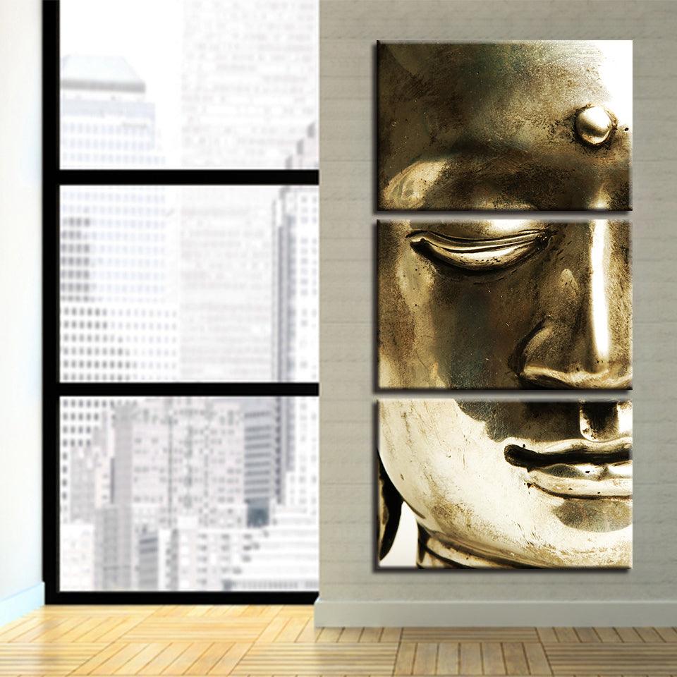 Half Face Gold Buddha 3 Piece HD Multi Panel Canvas Wall Art Frame - Original Frame
