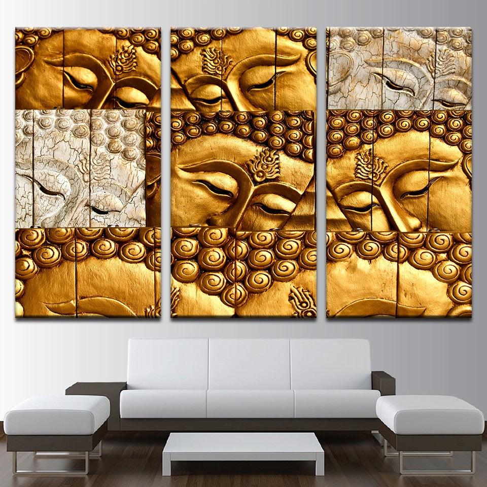 Golden Zen Buddha 3 Piece HD Multi Panel Canvas Wall Art Frame - Original Frame