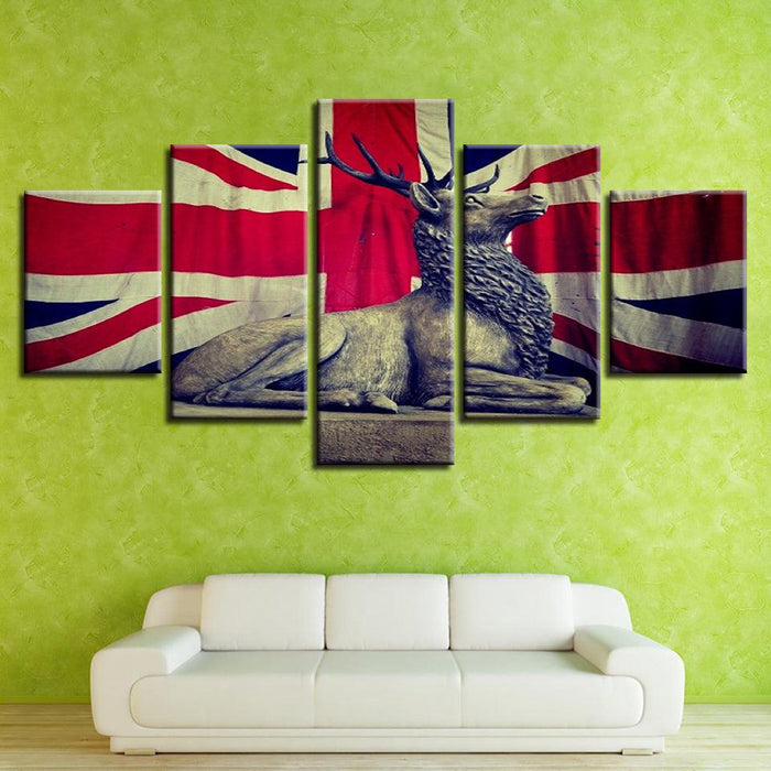 UK Flag And Deer 5 Piece HD Multi Panel Canvas Wall Art Frame
