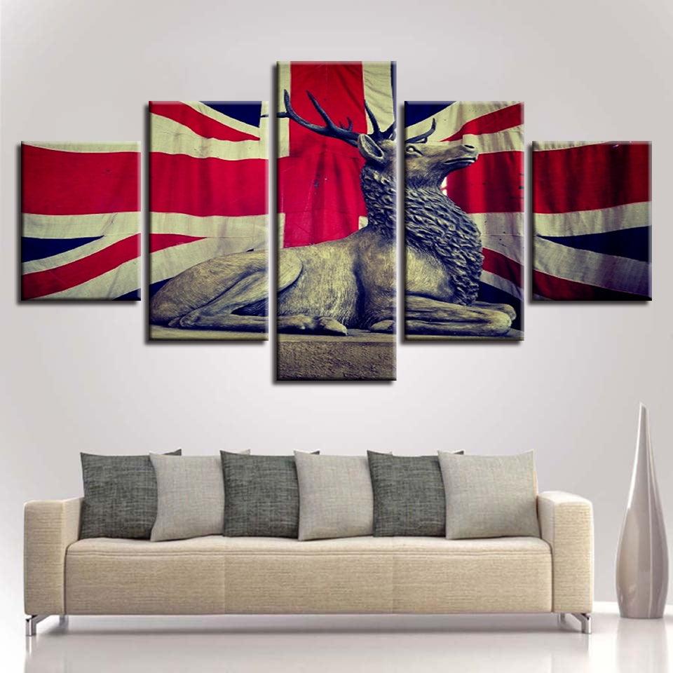 UK Flag And Deer 5 Piece HD Multi Panel Canvas Wall Art Frame - Original Frame