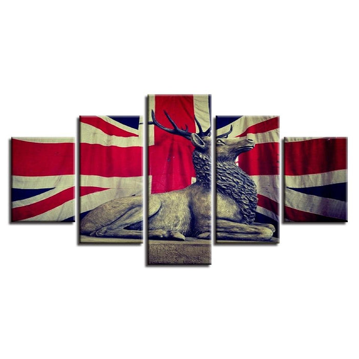 UK Flag And Deer 5 Piece HD Multi Panel Canvas Wall Art Frame
