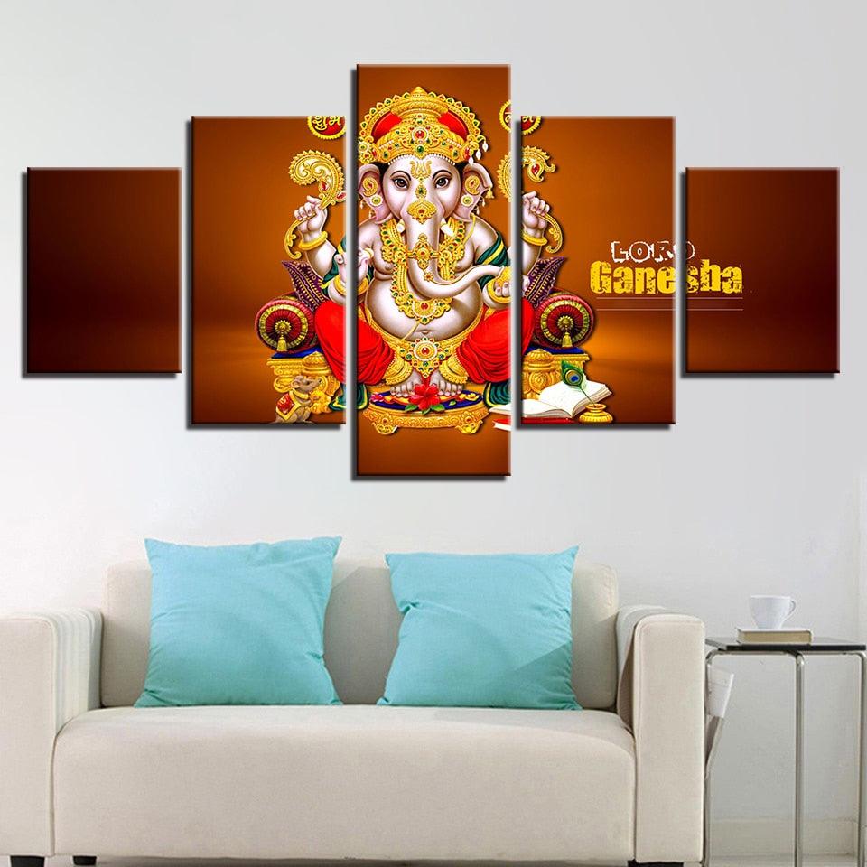 Hindu Lord Ganesha 5 Piece HD Multi Panel Canvas Wall Art Frame - Original Frame